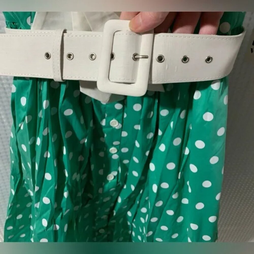 NWT S 4 Unique Vintage Seafoam & White Polka Dot Bow & Belted Sailor Swing Dress - Picture 5 of 8